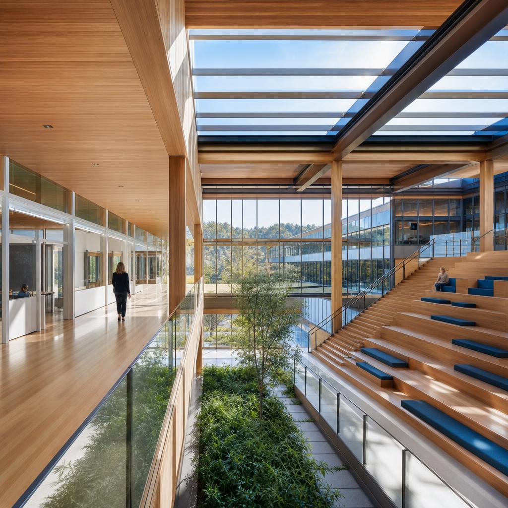 Sustainable timber and glass research campus interior