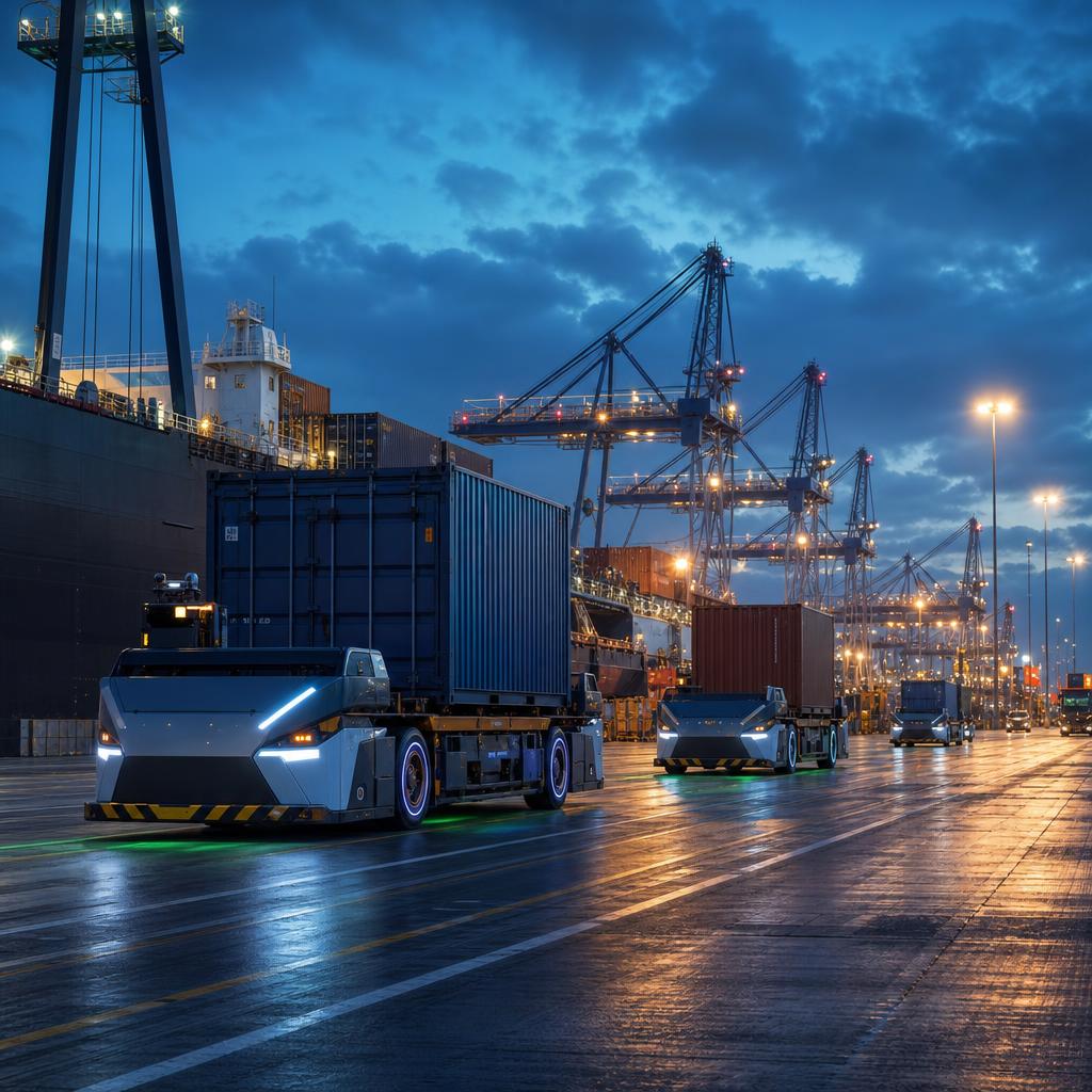 Automated cargo vehicles operating at a modern port at blue hour