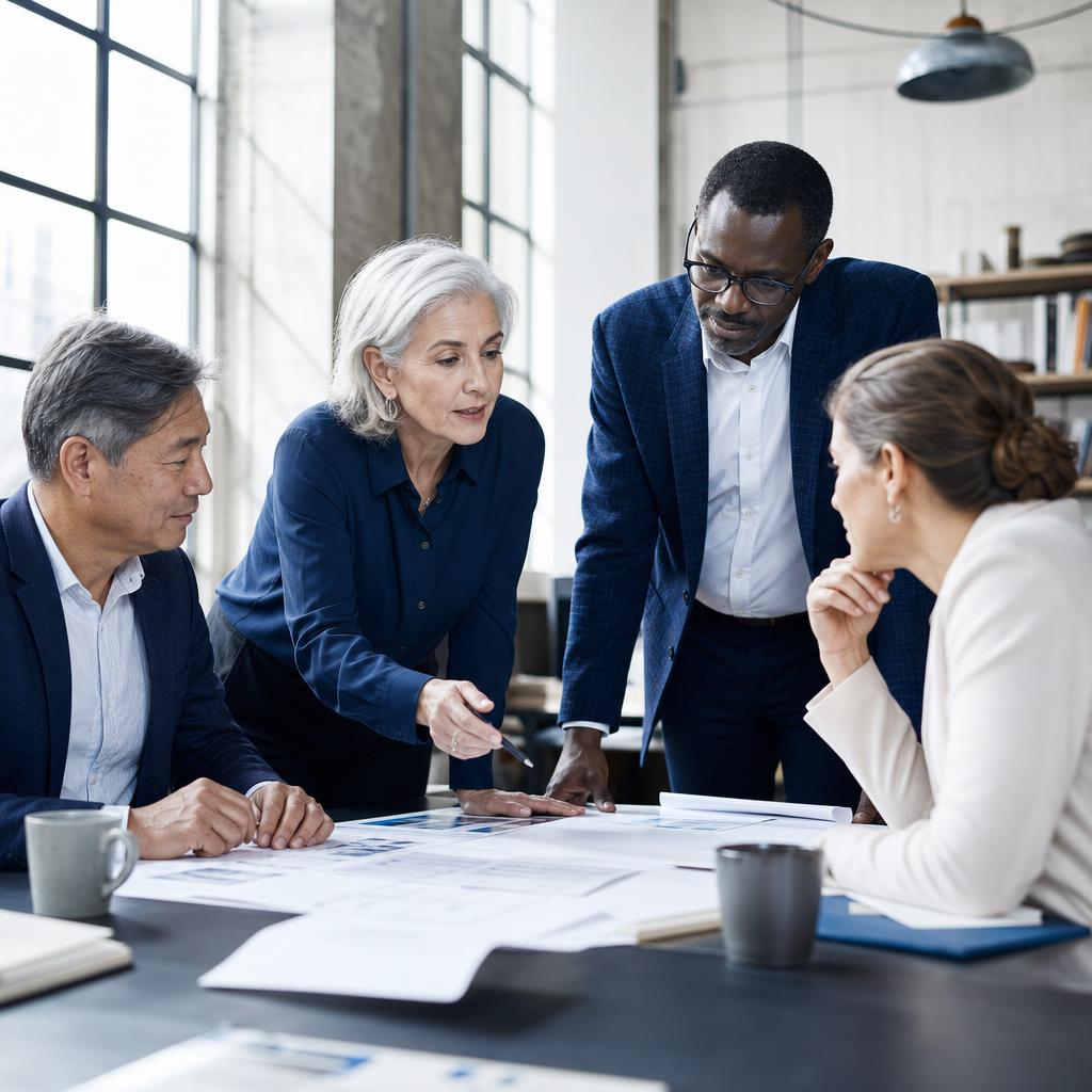 International business leaders collaborating in a bright studio
