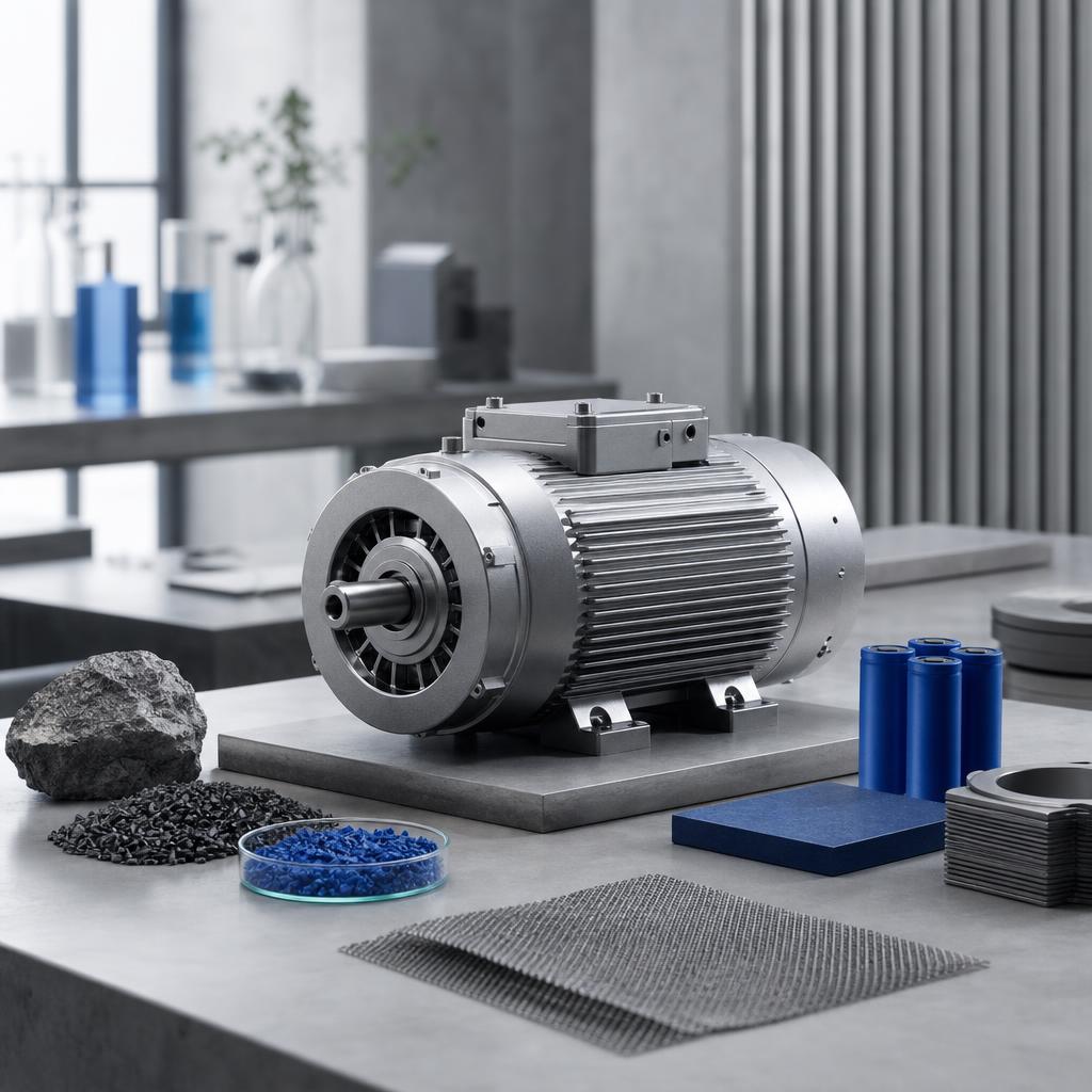 Industrial motor and advanced materials arranged in a design laboratory