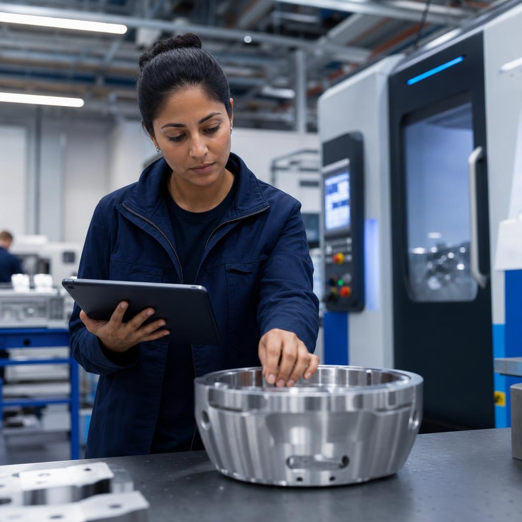 Quality engineer inspecting a precision component in a modern factory